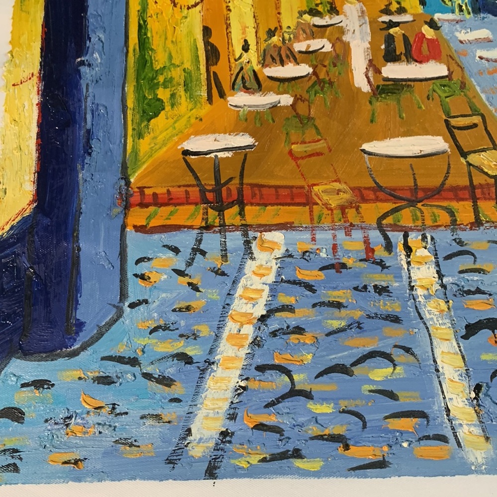 Vibrant cafe street scene.  Original oil painting.  20 x 24. Canvas 23.5 x 27 - Picture 5 of 6
